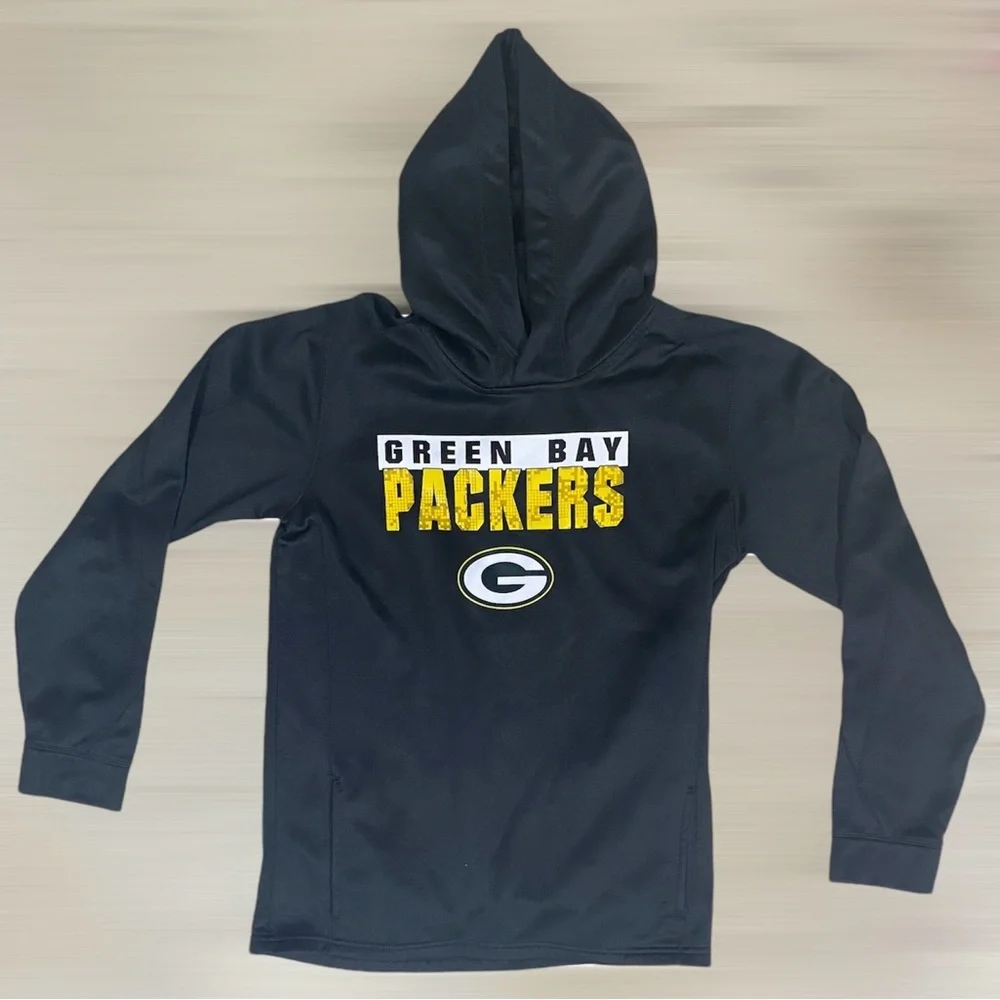 Green Bay Packers Black Youth  XL Pull Over Hoodie With Pockets - OuterStuff LLC